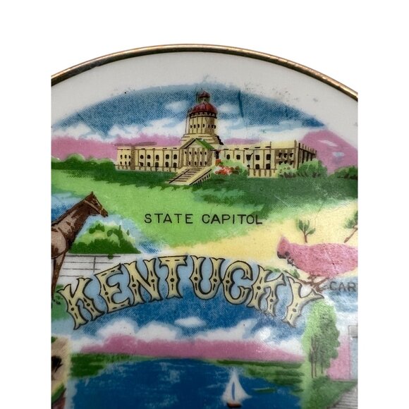 Vintage Kentucky Souvenir Plate Blue Grass State 4" Gold Rim Wall Hanging Decor - Picture 4 of 7